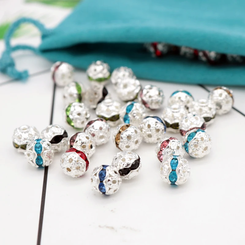 

100pcs 8mm Round Shape Silver Plated with Crystal Rhinestone Spacer Beads Pave Metal Balls Rhinestones Shiny Beads