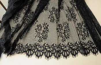 

3 yards vintage black chantilly lace fabric, french wedding lace fabric with eyelash scalloped border, bridal lace fabric