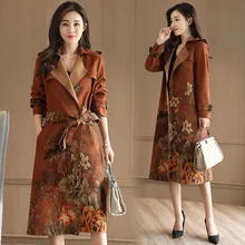Новинка осени, Женская китайская модная куртка с цветочным принтом, длинная замшевая ветровка, Женское пальто