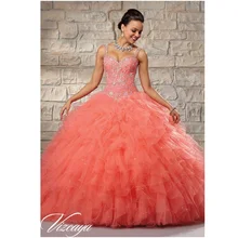 Wunderschöne Spaghetti Coral Pink Quinceanera Dresse Ballkleid Sweet 16 kleid für Pageant Abendkleid Perlen Rüschen Q63