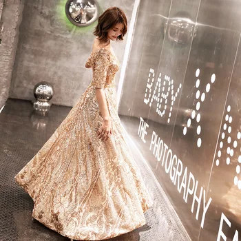 

Sexy A Line Evening Dresses Long Half Sleeves Sequins Prom Gown Golden Formal Dress Women Occasion Party Dresses Robe de soiree