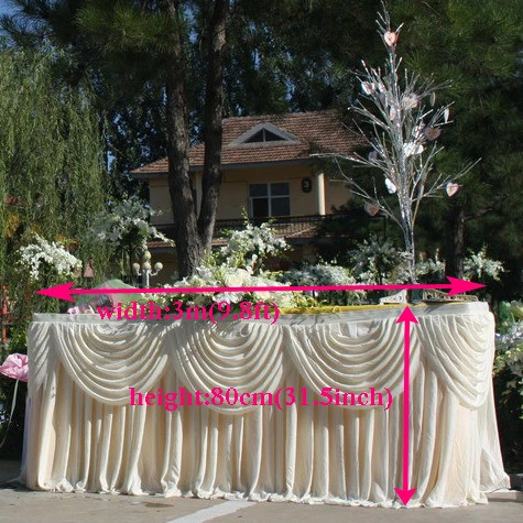 

9.8ft(W)*31.5"(H) white ice silk Tablecloth wedding table skirt banquet party table skirt with swag table cover