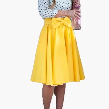 

Fashion A Line Soild Women Skirt Short Satin Knee Length Pleat With Bow Lady Skirts saia longa Bright Yellow faldas mujer