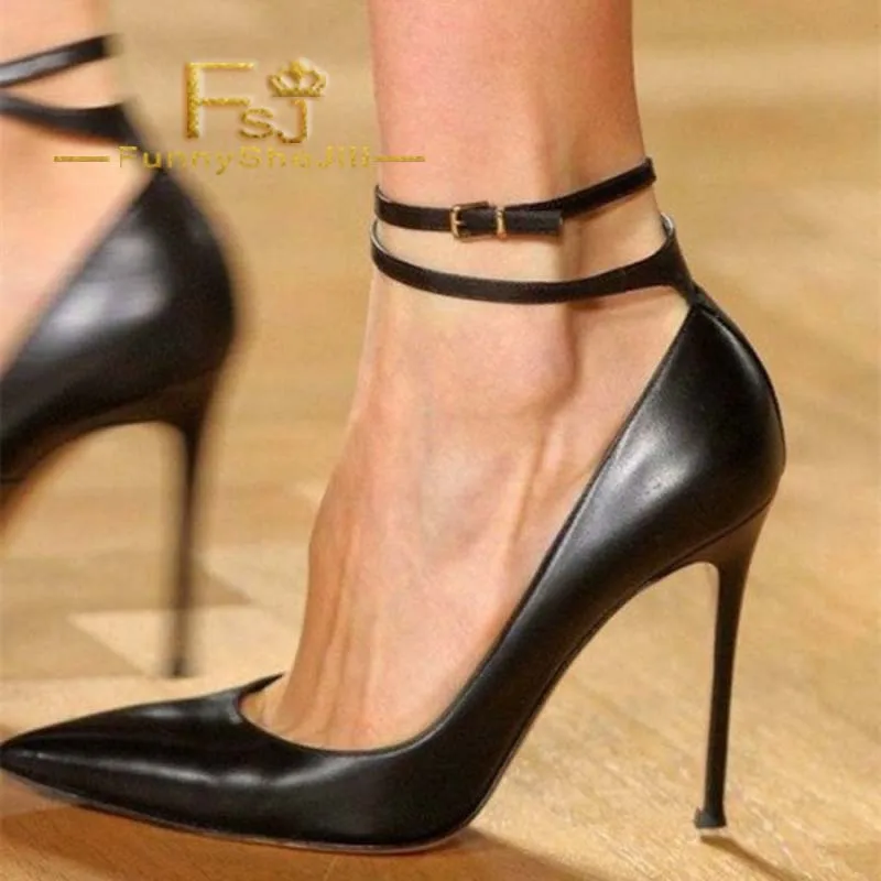 

Black Ankle Strap Heels Pointy Toe Stiletto Heel Pumps Summer Autumn Attractive Incomparable Generous Noble Fashion FSJ Elegant