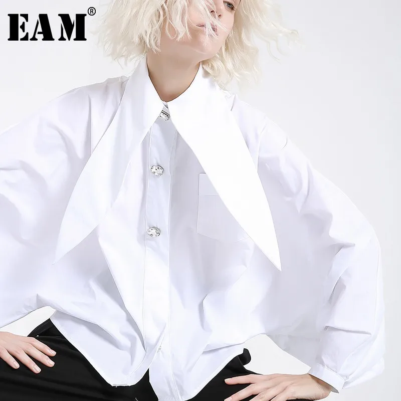 [EAM] новая весенне-Летняя короткая рубашка с отворотом и длинным рукавом-фонариком, большие размеры, модная женская блузка JH362