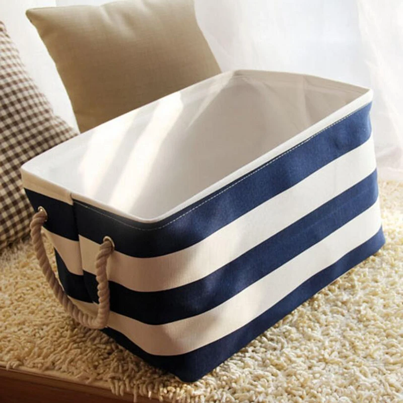 

Big Blue Red Stripe Waterproof Clothes Laundry Basket Hamper, Foldable Cotton Linen Sundries Toys Storage Box Holder for Car