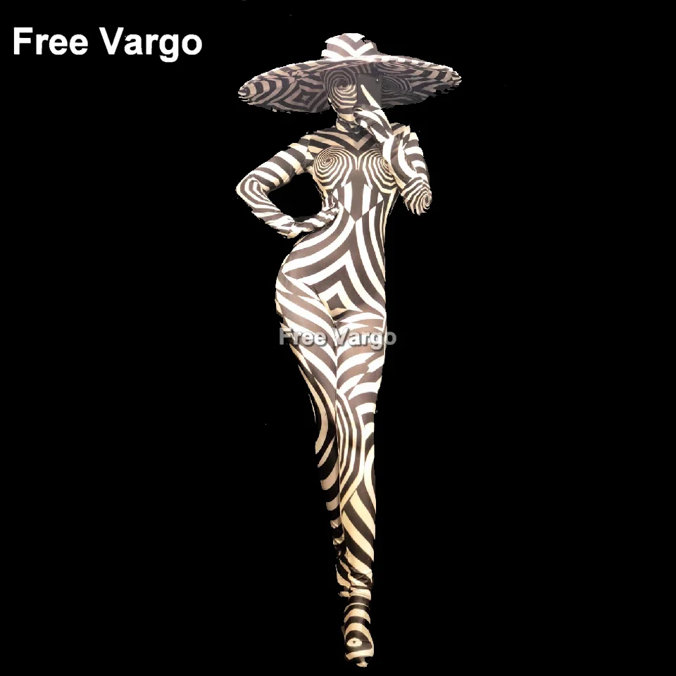 Sexy Singer Stage Wear Jumpsuit Printed Zebra Pattern Bodysuit Nightclub Party Show Dancewear Dj Costume For Women (With Hat)