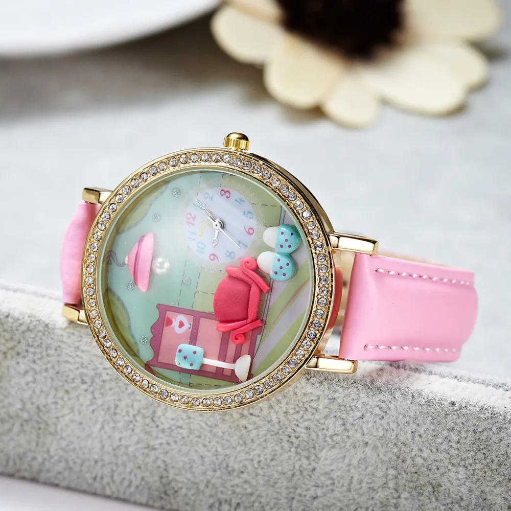 Miss Keke Clay Cute 3d Mini World Geneva rose gold Rhinestone Watches Relogio Feminino Ladies Women Leather Wristwatches 1013