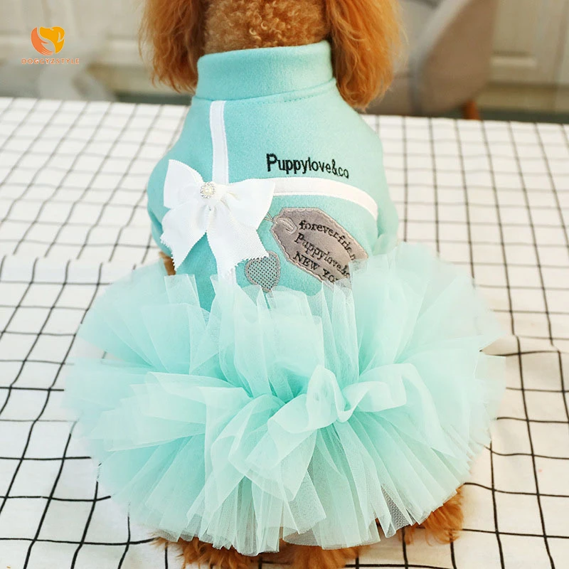

Bow-tie Dog Dress Princess Style Skirt Spring Autumn Blue Color Mesh Side Teddy Bomei Dogs Costume XS-XL DOGGYZSTYLE