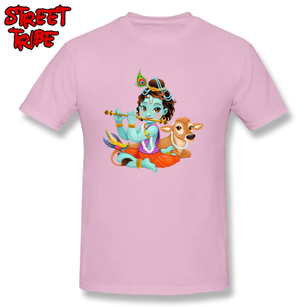 Short Sleeve Tops Tees Round Collar 100% Cotton Men T-Shirt Baby Krishna with sacred cow Printing Tops T Shirt New Coming Baby Krishna with sacred cow pink