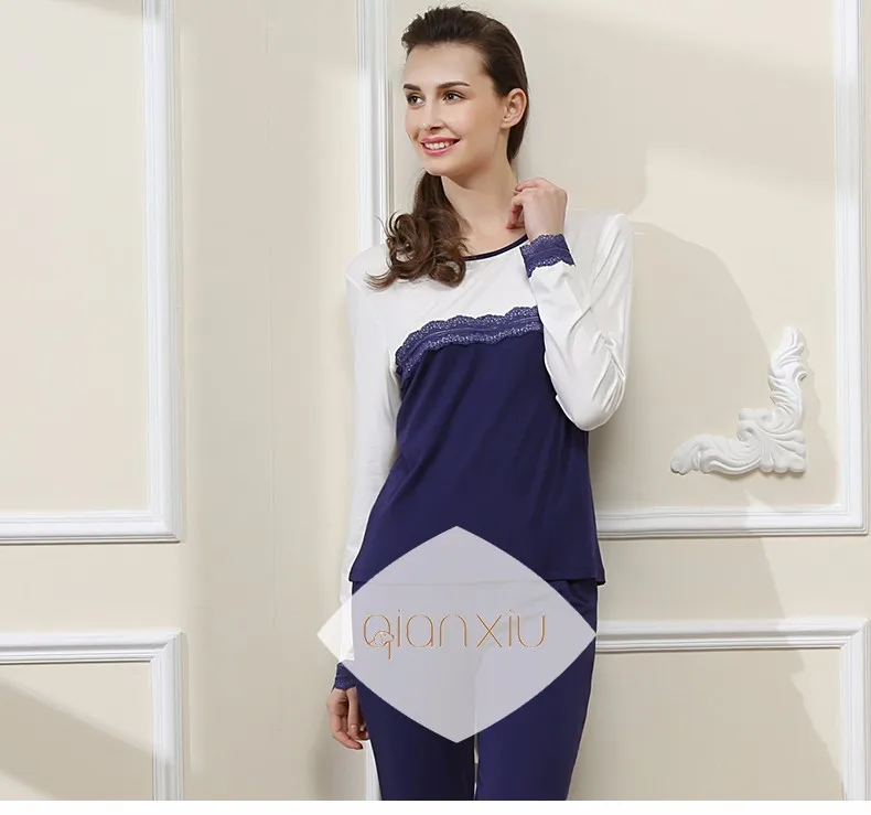 Qianxiu пижамы комплект для женщин о-образным вырезом с длинными рукавами пижамы лоскутное Underweat костюм модальные салон одежда