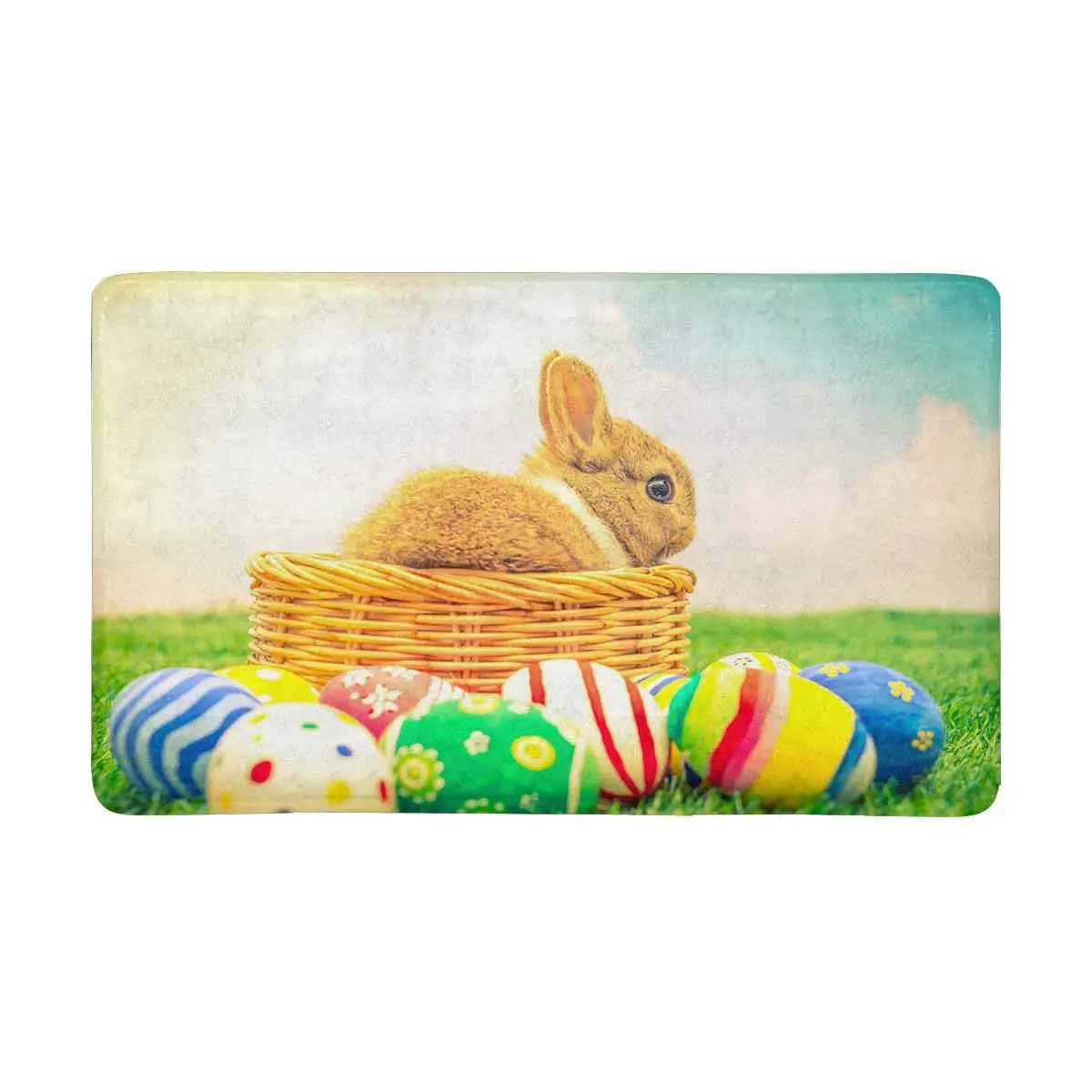 Rabbit Easter Eggs in Green Grass Blue Sky Indoor Entrance Rug Floor