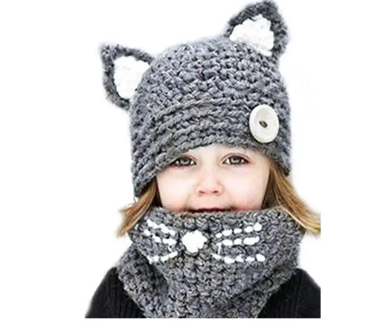 BABY Girl cat Scarf hat animals cats ear suits Children caps Hand woven