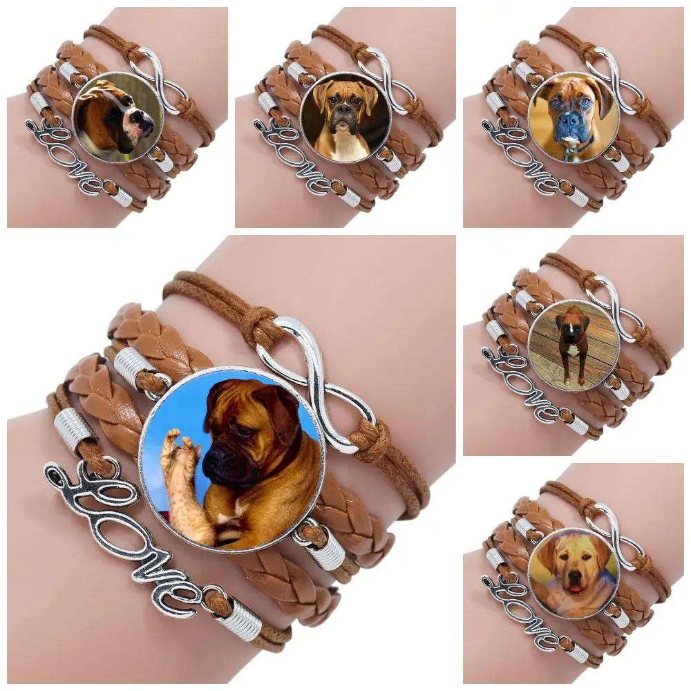 

Jewelry Multilayer Black/Brown Leather Bracelet Bangle With Glass Cabochon Jewelry For Child Boxer Dog Cutie Canine Boxer Dog