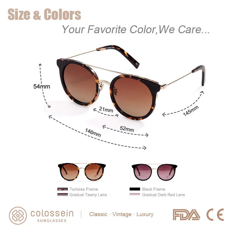 COLOSSEIN Polarized Fashion Sunglasses Women Summer Vintage Cat Eye Female Style TAC Lens Brand Designer Men Eyewear UV400