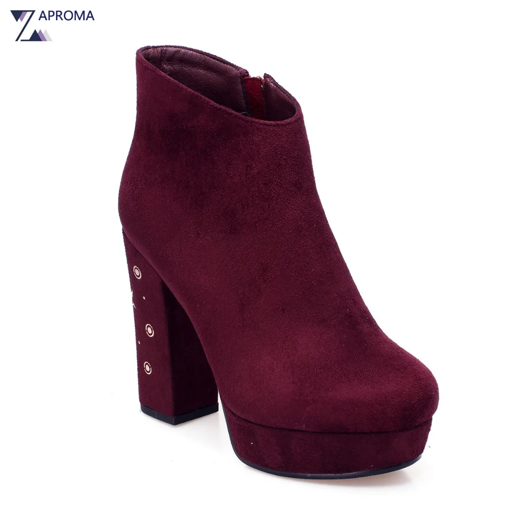 

Women Sexy Platform Suede Wine Red Ankle Boots hunky Heel Short Plush Super High Heel Female Autumn Winter Round Toe 2018 Shoes