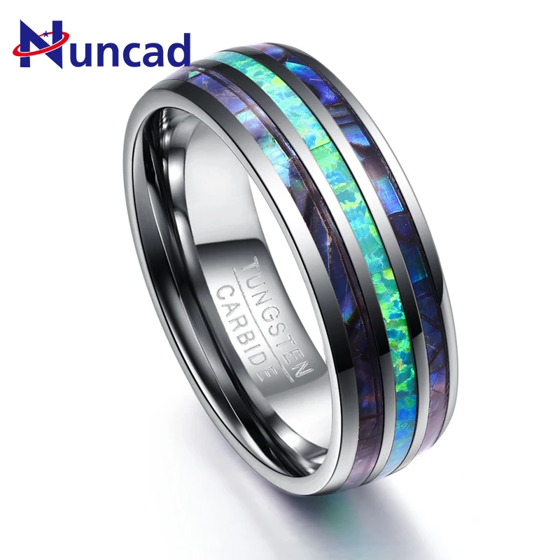 

Inlay Abalone Shell +Opal+Abalone Shell Tungsten Steel Rings for Men 8MM Width Elegant Smooth Mens Ring Top Grade