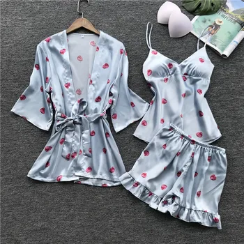 

Lisacmvpnel 3 Pcs Printing Sweet Woman Pajama Set Nightgown+Cardigan+Shorts Set Female Pijama