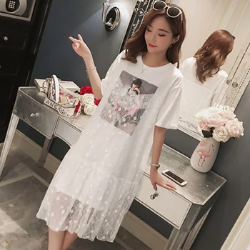 

Pregnant women dress Korean version of loose summer cotton print stitching lace long pregnant women skirt pregnancy skirt
