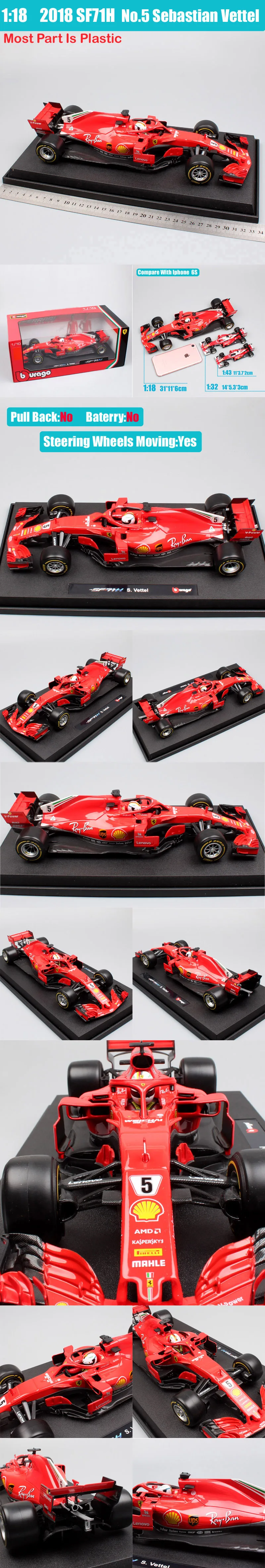 Дети 1:18 Большие весы BBurago Racing SF71H драйвер № 5 Kimi Iceman № 5 Себастиан веттел литье под давлением модели автомобилей игрушка