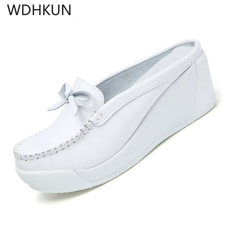 

WDHKUN New Women Platform Slipper Pattern Flats Breathable Leather Casual Shoes Slip-on Comfortable Butterfly-knot Nurses Shoes
