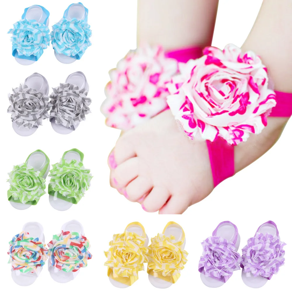 Stripe Splicing Baby Girl Sandals Shabby Chiffon Flower Shoes Cover Barefoot Infant Toddler Shoes 20 pairs per Lot