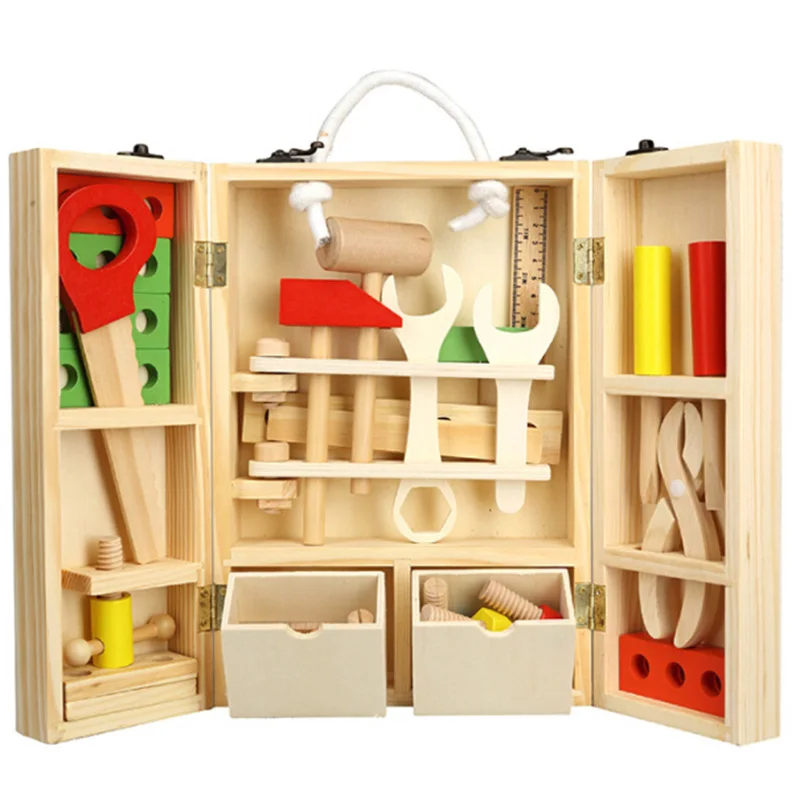 DIY Portable Wooden Carpenter Carry Tool Box Kids Pretend Play Repairing Toy Set