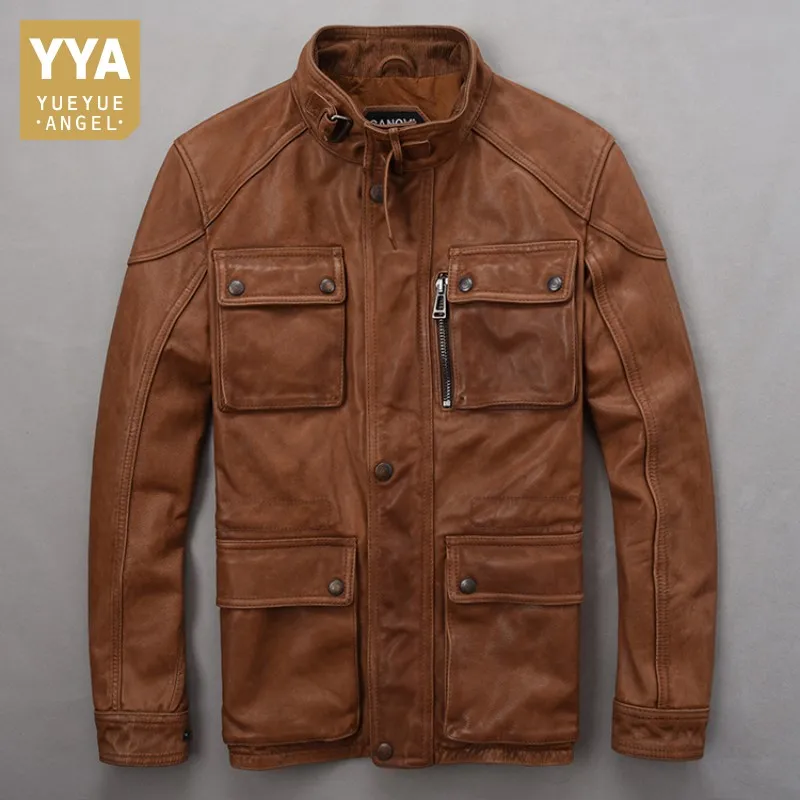 

2019 Moto biker Slim Fit Mens Natural Cow Leather Jacket Pocket Vintage Stand Collar Real Leather Jacket Coats Short Overcoats