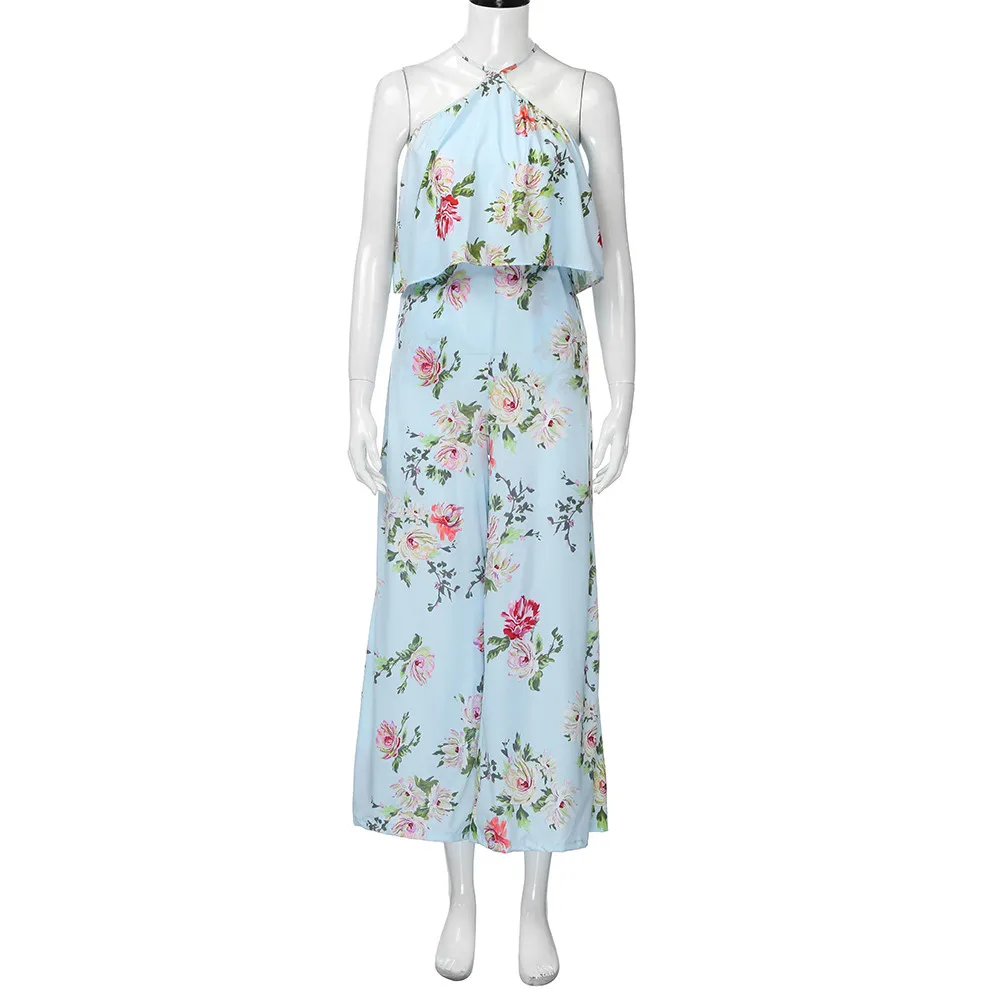 Для женщин летние шифон ремень Цветочные рукавов спинки Длинные широкие брюки в богемном стиле с цветочным принтом Комбинезон#0720