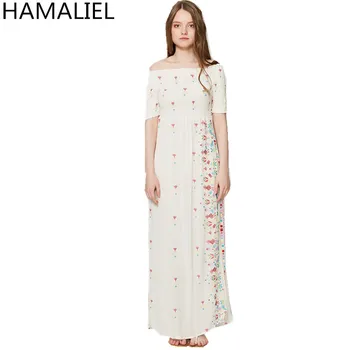 

HAMALIEL Slash Neck Bohemian Beach Dress 2018 Sexy Off Shoulder Embroidery Floral Short Sleeve Mujer Split High Waist Maxi Dress
