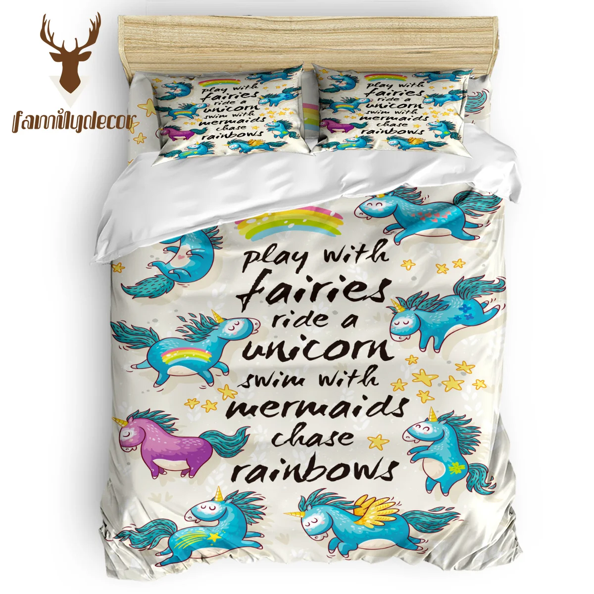 

Familydecor Blue Unicorn 4 Pcs Comforter Cover Set Polyester Fabric Machine Washable California King Comforter Sets Memorial