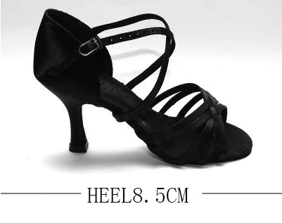 Обувь для латинских танцев; женская Обувь для бальных танцев; Каблук 8,5 см; Высококачественная импортная атласная обувь для самбы; BD dance 216; темный цвет; мягкая подошва - Цвет: Black heel 85mm