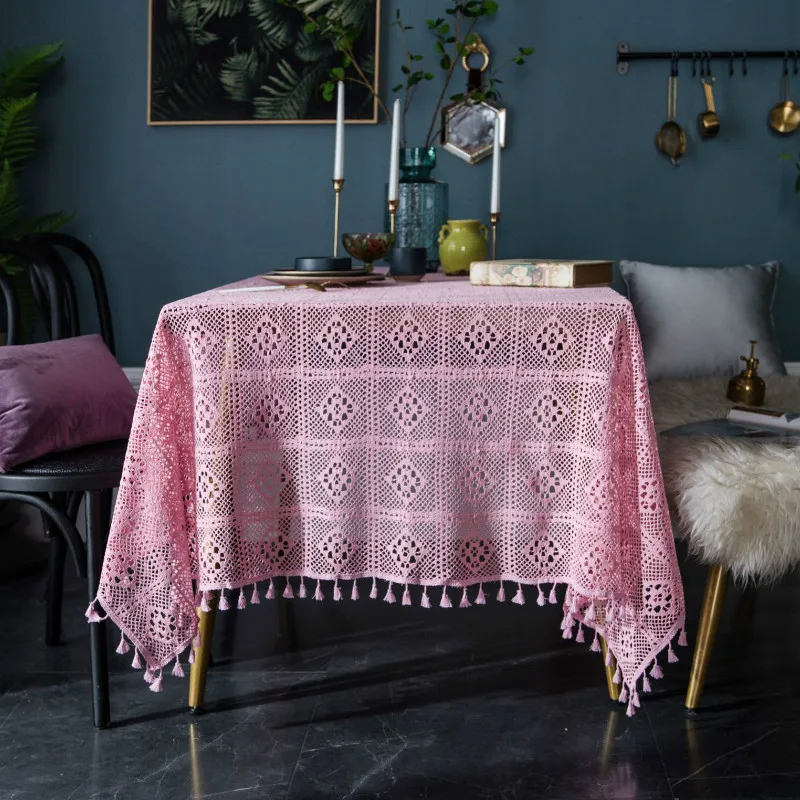 

Pink Table Cloth with Tassel Rectangle Handmade Crochet Geometric Party Banquet Wedding Tablecloth Home Tables Decor Cloth