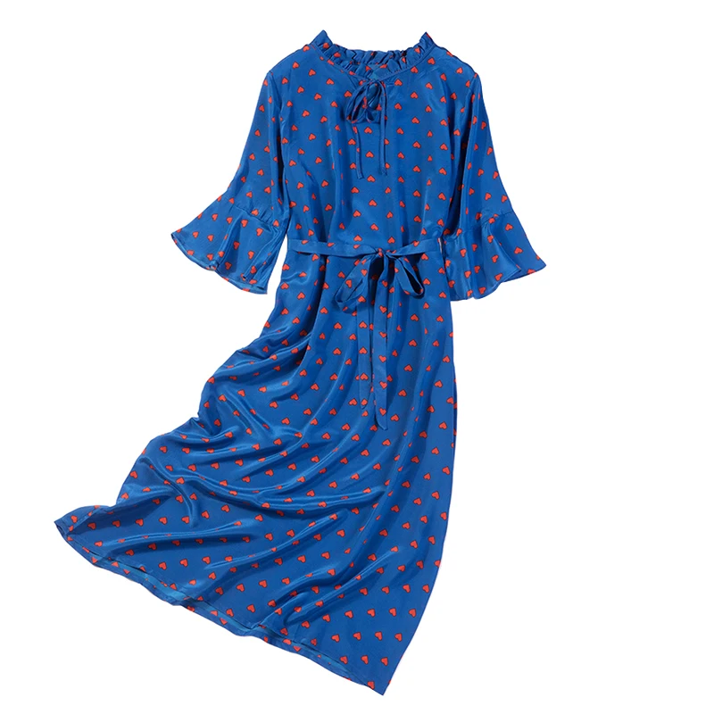 

Women Summer Silk Dress Vintage heart shape print Natural silk dresses Elegant Dress Casual holiday real silk long shirt dress