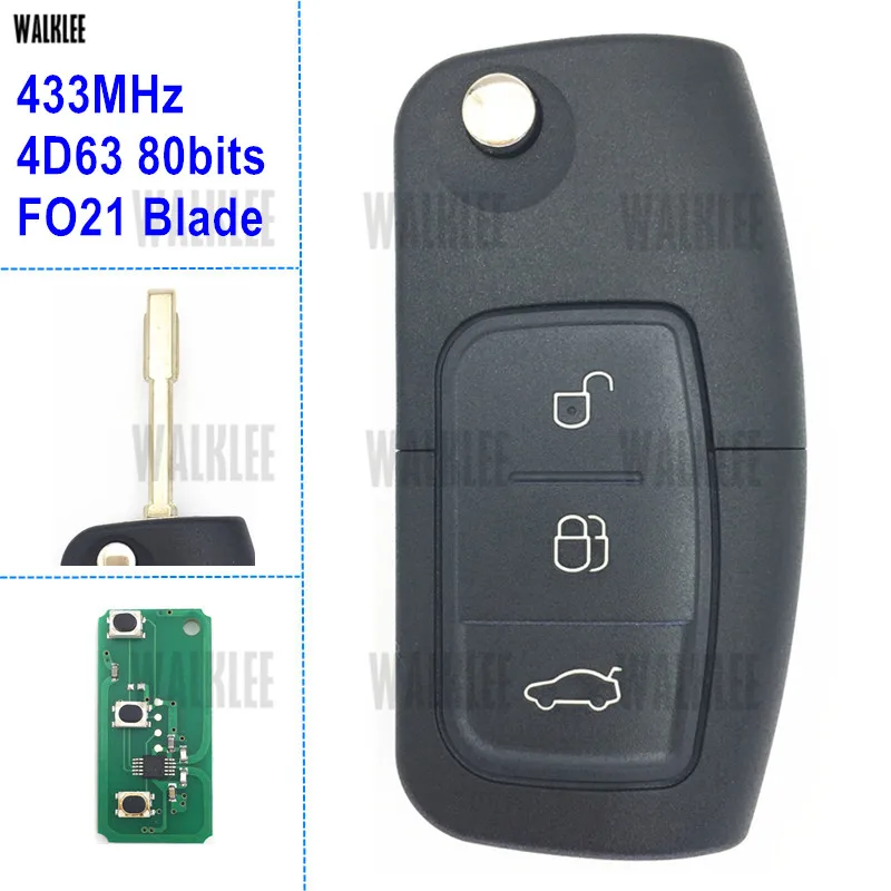 WALKLEE Vehicle Remote Key 433MHz for Ford Keyless Entry Focus Fiesta