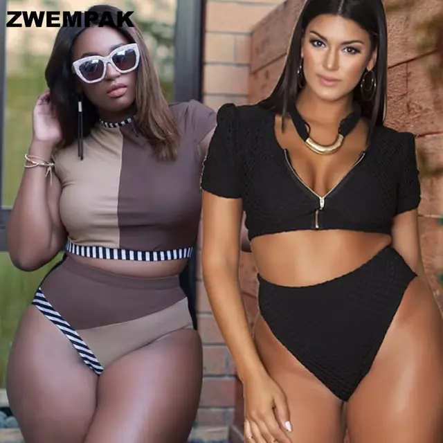 {Excellent|Wonderfull|Very Good|Very Recommended} 2019 Short Sleeve Women Large Swimsuit Plus Size XL-4XL High Neck Zip Bathing Suit Female Bikinis Set Big High Waisted Swimwear Limited Price