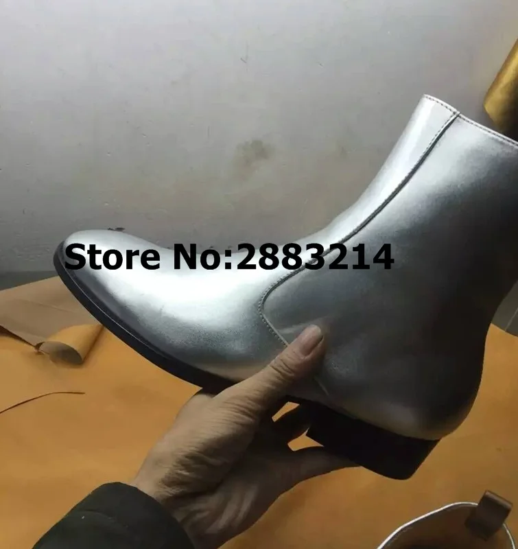 

Silver Gold Real Leather High Top Men Chelsea Boots Rome Designed Man Short Ankle Boots Round Toe Zipper Flats Boots Shoes Male