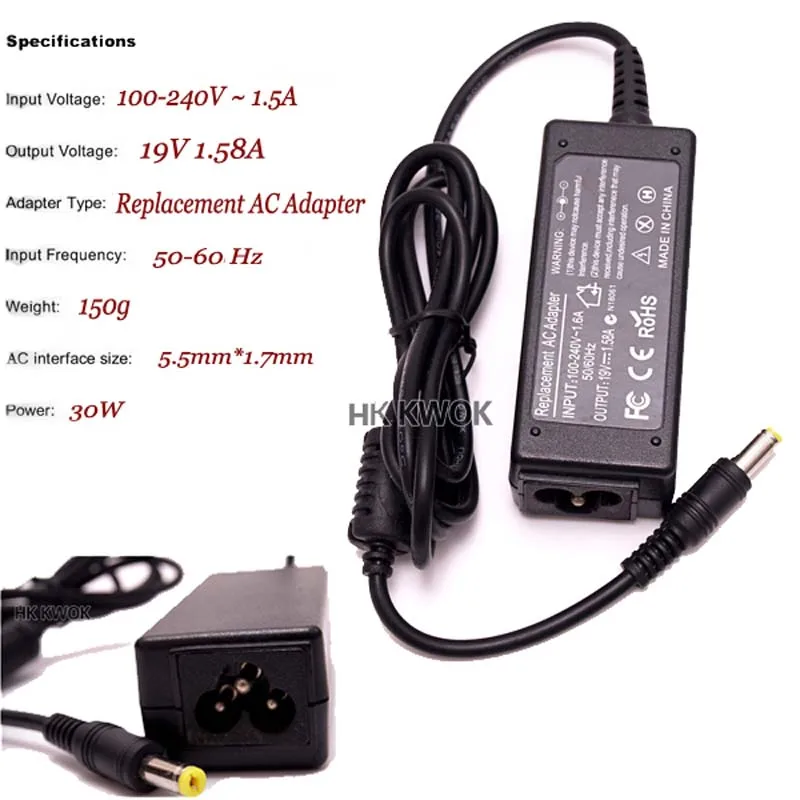 19V 1.58A 30 вт AC адаптер Зарядное устройство для acer Aspire One AOA110 AOA150 ZG5 ZA3 NU ZH6 D255E D257 D260 A110 ноутбук