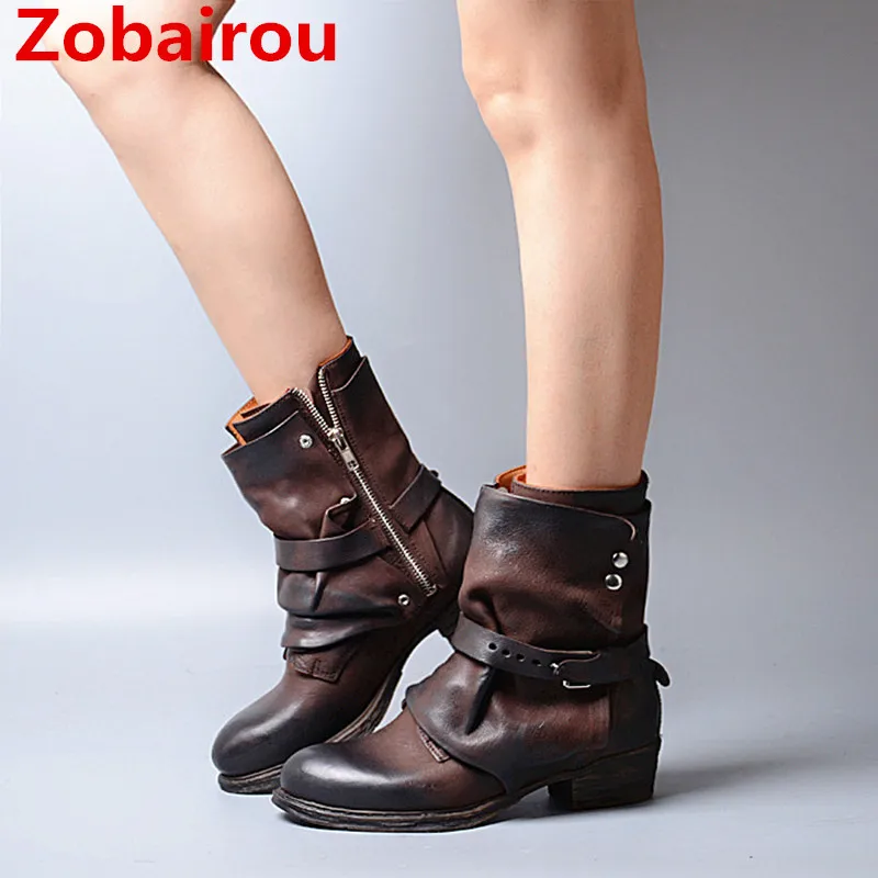 Zobairou Botas Mujer Combat Motorcycle Western Cowboy Boots Genuine Leather Women Ankle Boots