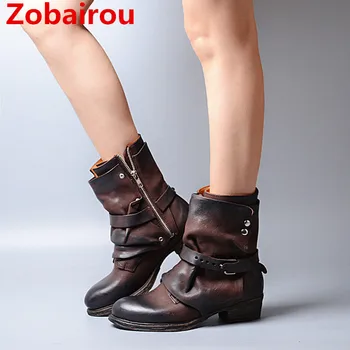 

Zobairou Botas Mujer Combat Motorcycle Western Cowboy Boots Genuine Leather Women Ankle Boots Horse Riding Autumn Winter Shoes