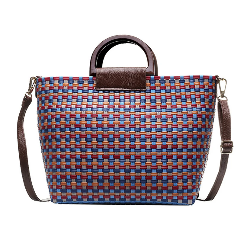 

Aelicy Women Summer Handbag Famous Brand Fashion Woven Travel Palm Basket Tote Large Shoulder Bags Color Stripe Beach Bag