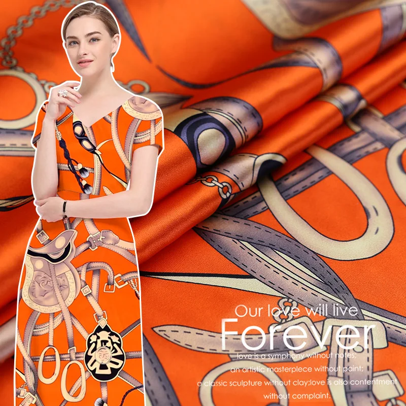 

108cm Width 19mm Love the Horse Chains Orange Mulberry Silk Stretch Satin Fabric for Woman Summer Dress Blouse Sewing-AF805