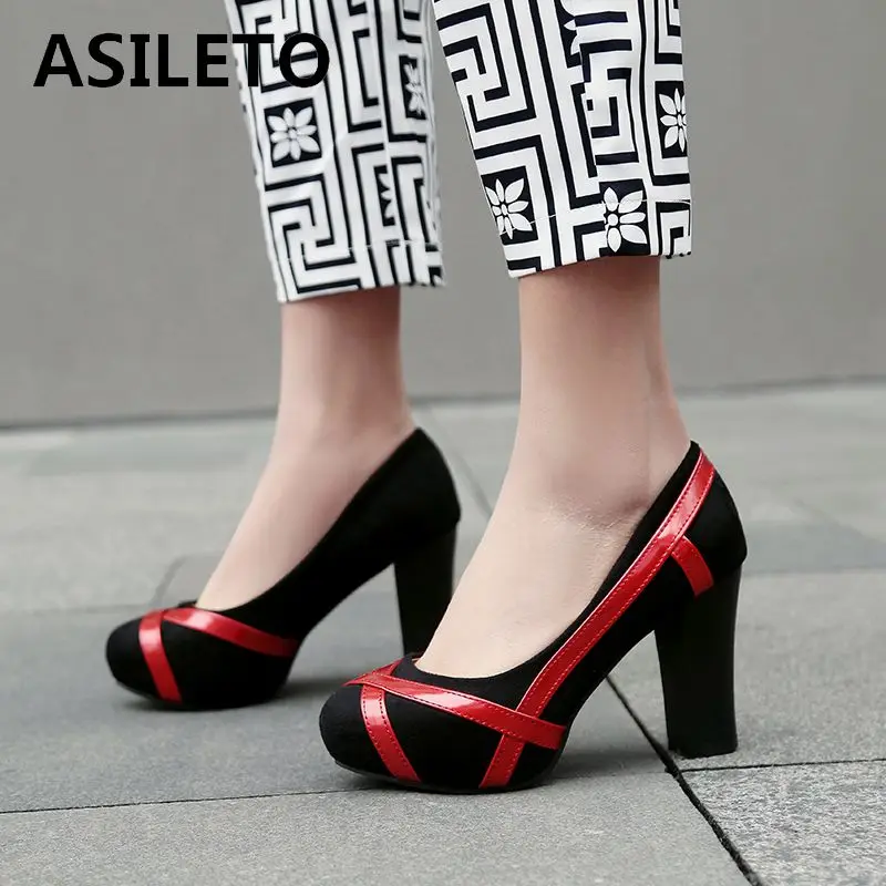 

ASILETO big size 45 46 red women pumps suede block high heels platform lady shoes round toe casual office footwear zapatos mujer