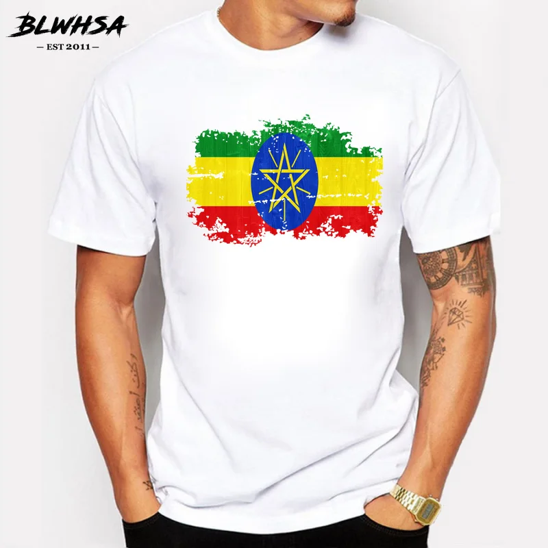 

BLWHSA Newest Hip Hop T-shirt Men Summer Tops Tee Shirt Ethiopia Nation Flag Nostalgic Style Brand Casual T Shirt