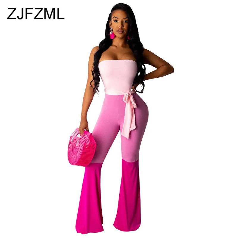 

Qsleeveless Contrast Color Sexy Bodysuit Summer Backless Tie Bow Skinny Rompers Womens Jumpsuit High Waist Bell Bottom Playsuit
