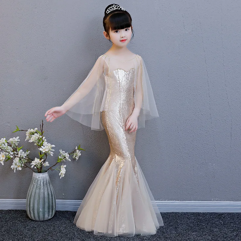 

Luxury Sequined Mermaid Princess Dress Birthday Costume Beading Lace Up Backless Bodycon Flower Girl Dresses for Wedding B431