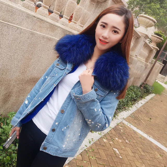 brand 2017 new fur coat autumn winter coat women holes denim jacket parka real raccoon fur collar warm thick faux fur liner