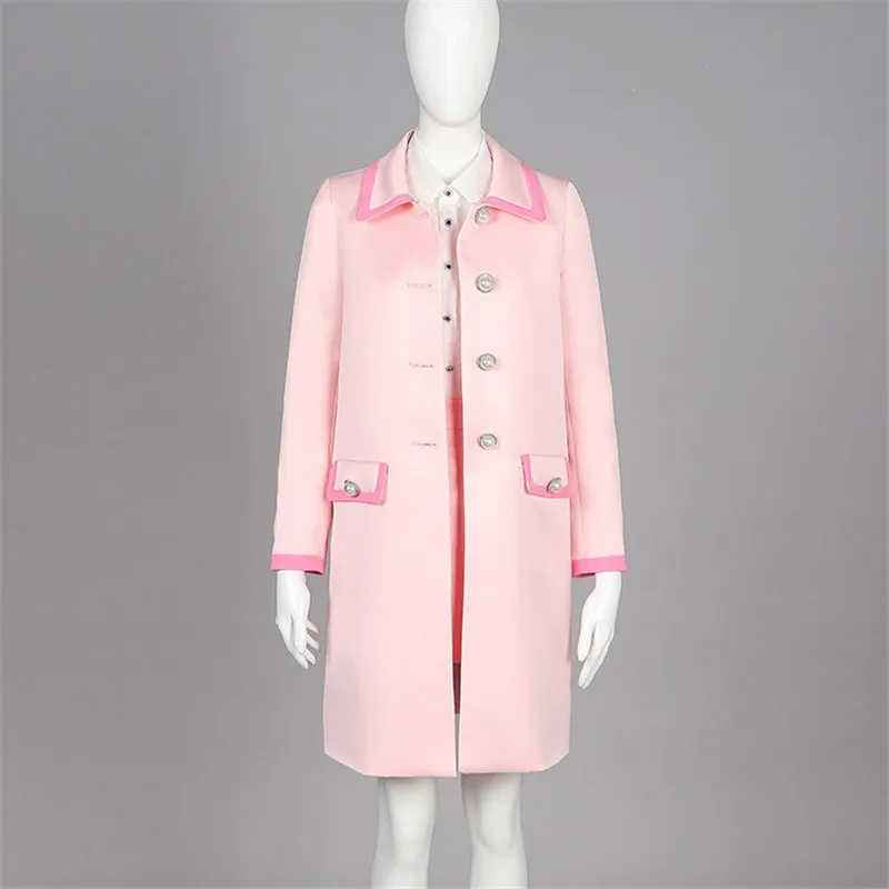 

high quality autumn winter pink wool long jacket women single breasted pearls button long sleeve woolen tweed coat outwear S147