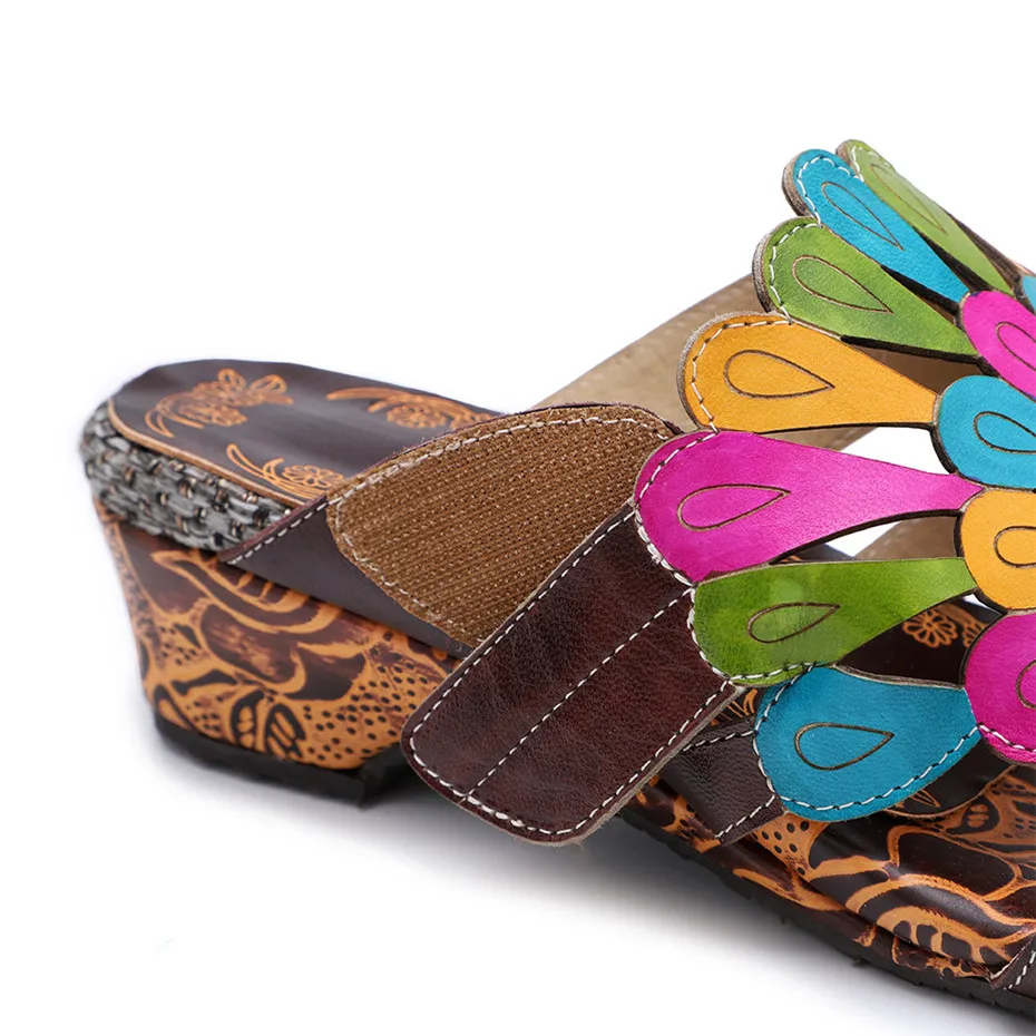 Genuine Leather Bohemian Luxury Slippers Women Shoes Vintage Handmade Peacock Design Summer Beach Slipper Slides Wedge Heels New (14)