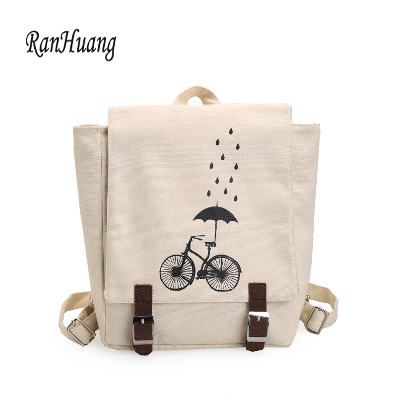 

RanHuang 2017 Women Canvas Backpack Fashion Printing Backpack Preppy Style School Bags For Teenage Girls Black and White Color